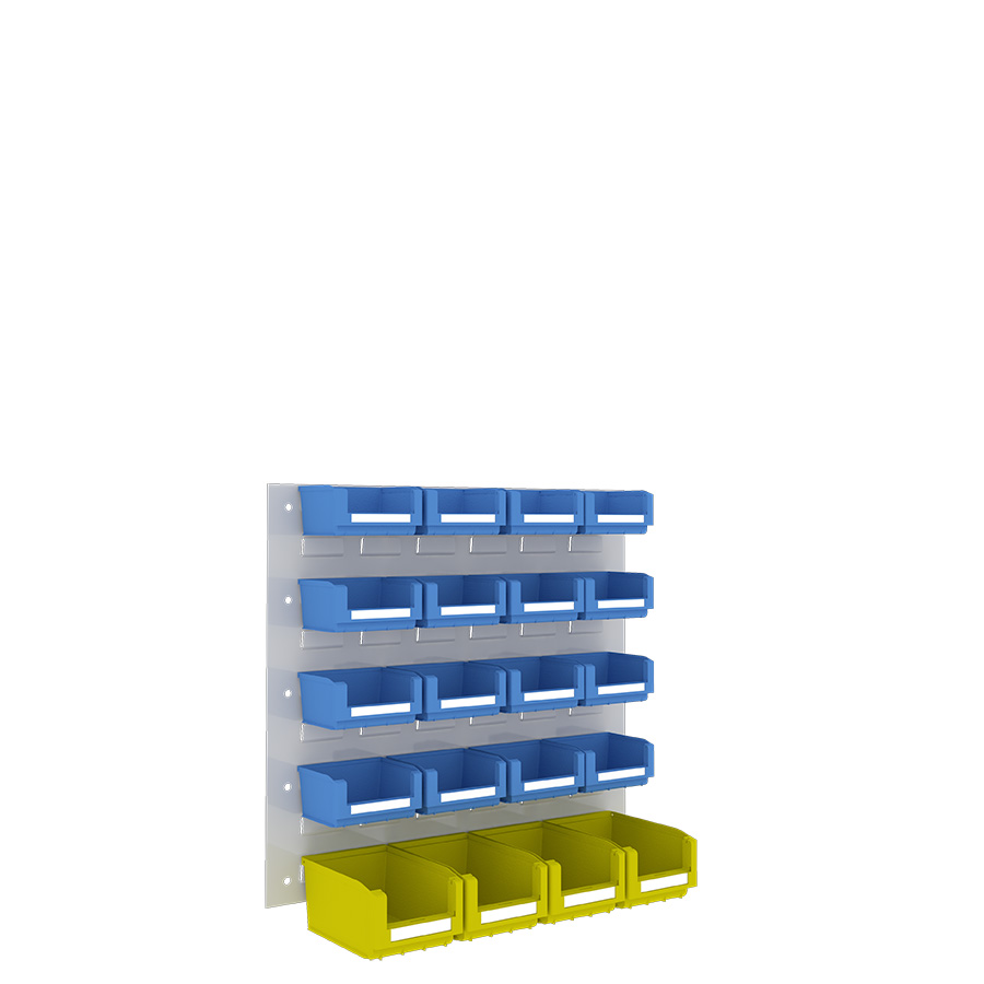 [048540] Panel metálico perforado para fijación a pared y 20 contenedores  - Dim.: 500x450h mm - Gris ral 7035