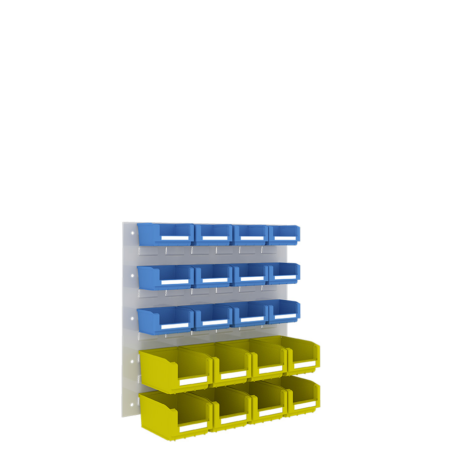 [048541] Panel metálico perforado para fijación a pared y 20 contenedores  - Dim.: 500x450h mm - Gris ral 7035