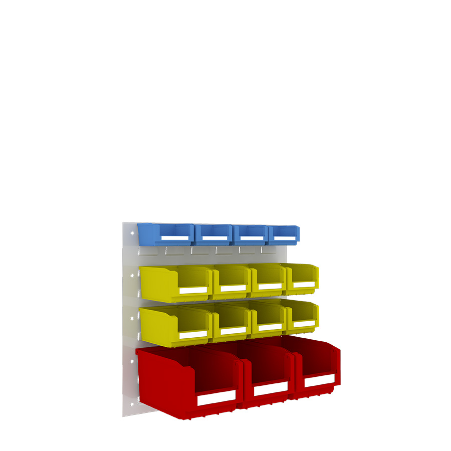 [048545] Panel metálico perforado para fijación a pared y 15 contenedores  - Dim.: 500x450h mm - Gris ral 7035