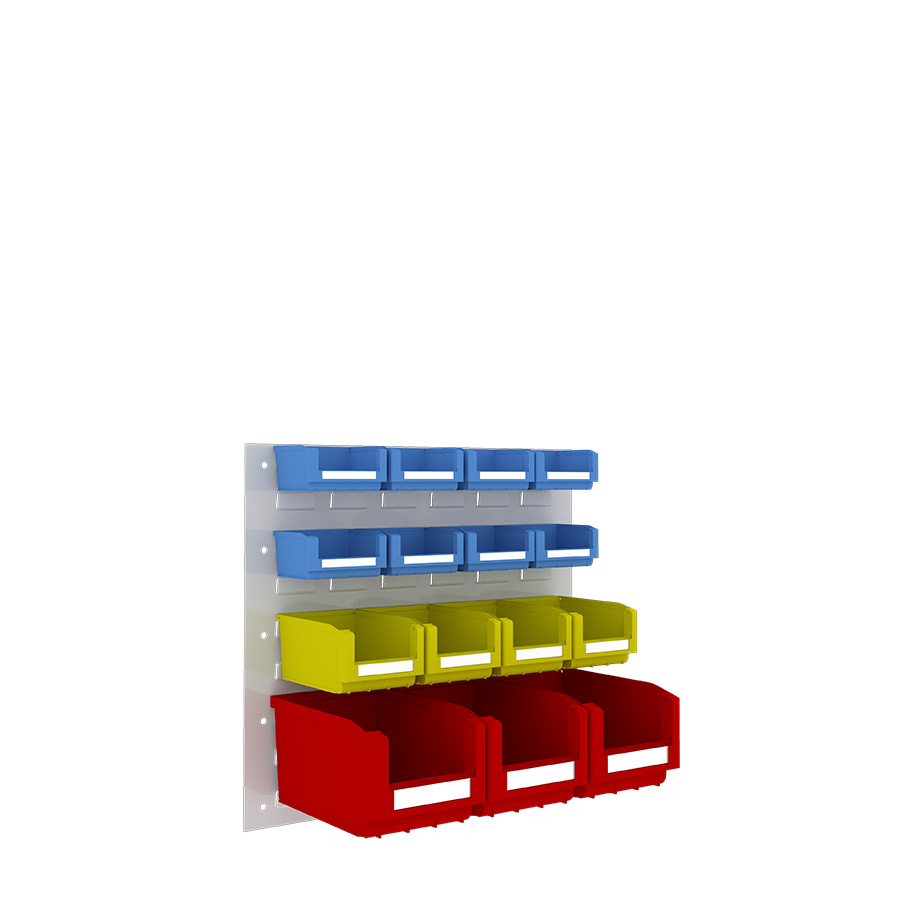 [048546] Panel metálico perforado para fijación a pared y 15 contenedores  - Dim.: 500x450h mm - Gris ral 7035