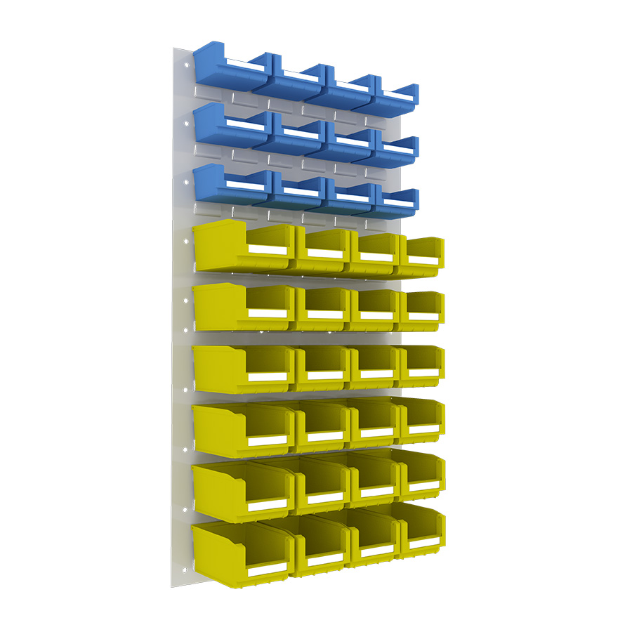 [048549] Panel metálico perforado para fijación a pared y 36 contenedores  - Dim.: 500x900h mm - Gris ral 7035