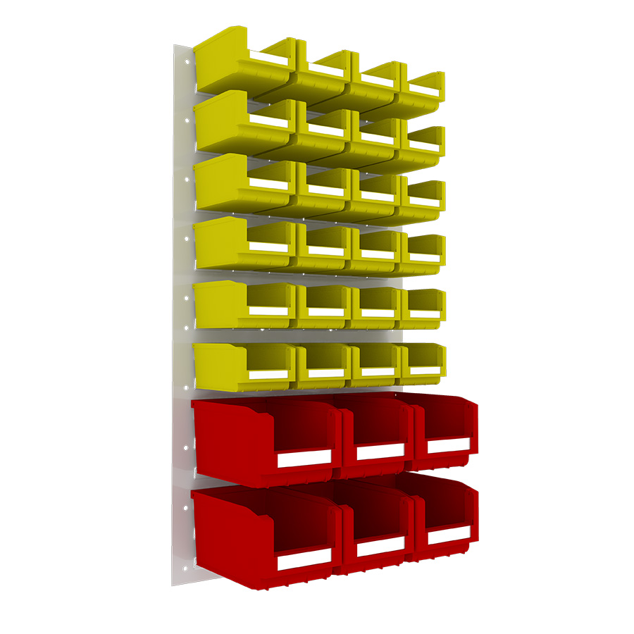 [048551] Panel metálico perforado para fijación a pared y 30 contenedores  - Dim.: 500x900h mm - Gris ral 7035