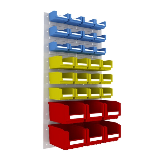 [048553] Panel metálico perforado para fijación a pared y 30 contenedores  - Dim.: 500x900h mm - Gris ral 7035