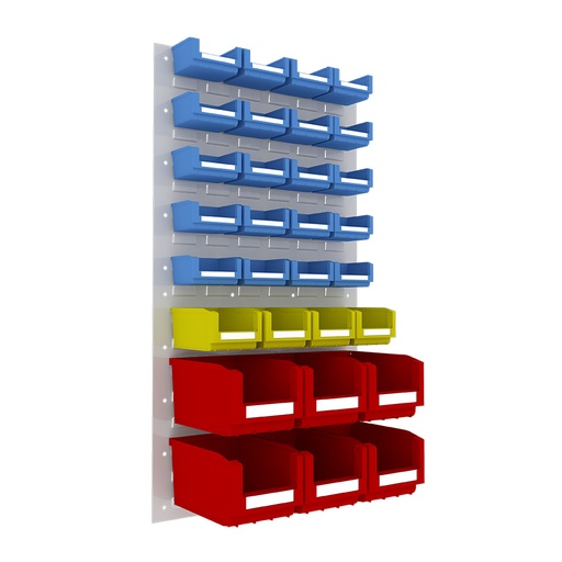 [048554] Panel metálico perforado para fijación a pared y 30 contenedores  - Dim.: 500x900h mm - Gris ral 7035