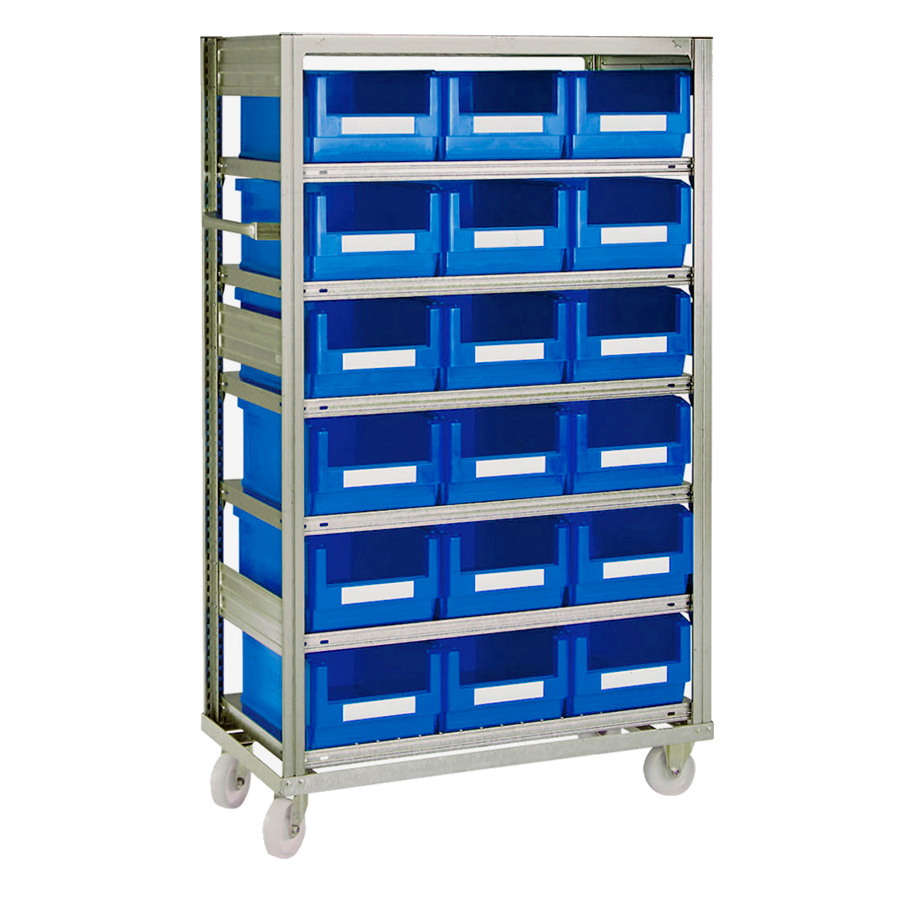 [048736] Estantería industrial móvil con 7 estantes planos y 18 cajas plásticas azules - Dim.: 1068x533x1815h mm - Galvanizado