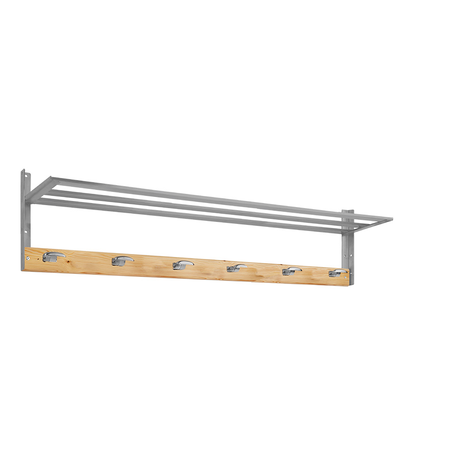 [048876] Colgador de madera pino para fijar a pared con 6 ganchos y repisa - Dim.: 1500 mm - Madera