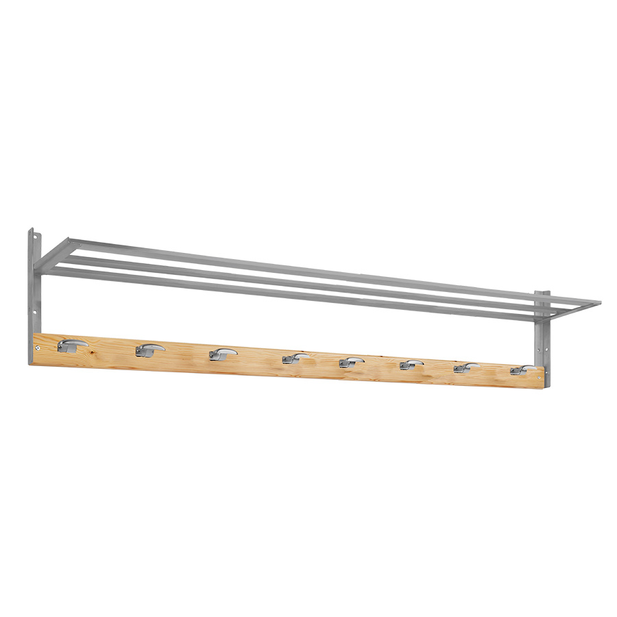 [048877] Colgador de madera pino para fijar a pared con 8 ganchos y repisa - Dim.: 2000 mm - Madera