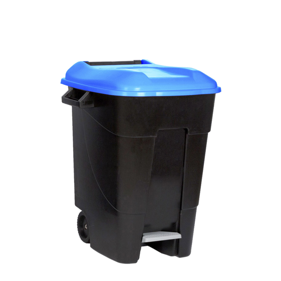 [049099] Basurera plástica de 100 lts. con ruedas y tapa de apertura mediante pedal - Dim.: 460x568x770h mm - Azul / negro
