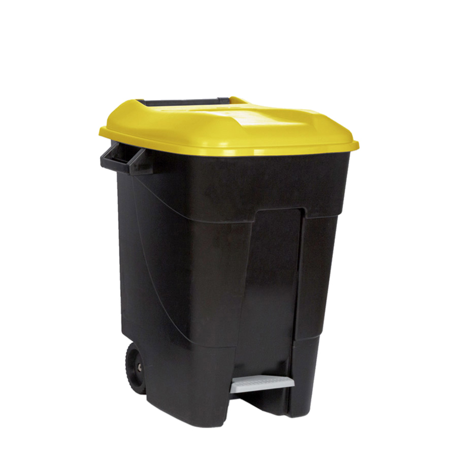 [049101] Basurera plástica de 100 lts. con ruedas y tapa de apertura mediante pedal - Dim.: 460x568x770h mm - Amarillo / negro