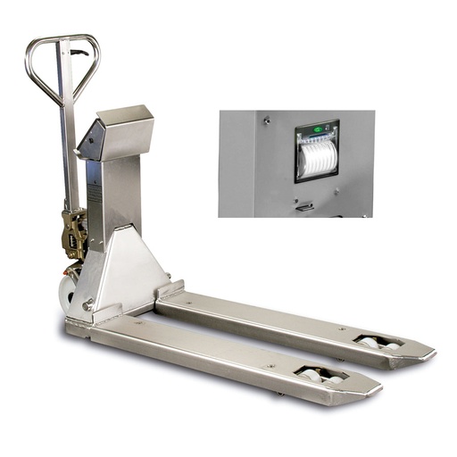 [049211] Transpaleta manual pesadora con impresora - Dim. palas 1185x555 mm - Carga máx. 2.500 kg - Acero inoxidable
