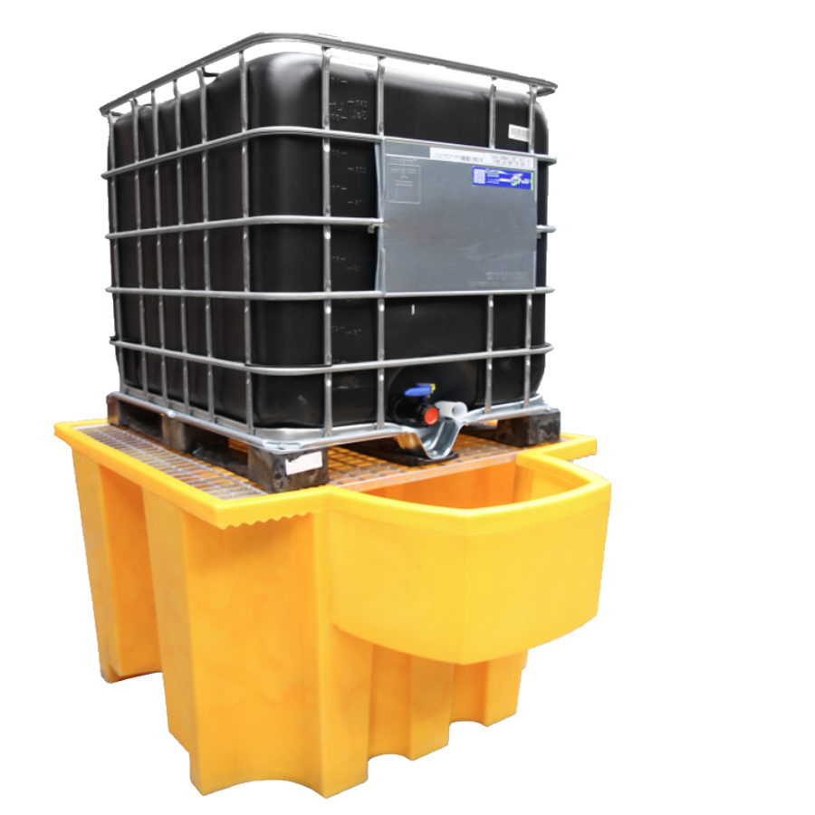 [049489] Cubeto de retención de plástico con rejilla metálica y soporte para trasvase - Cap.: 1100 lts. - Dim.: 1700x1300x940h mm - Amarillo