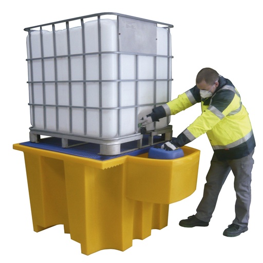 [049490] Cubeto de retención de plástico con rejilla plástica y soporte para trasvase - Cap.: 1100 lts. - Dim.: 1700x1300x940h mm - Amarillo