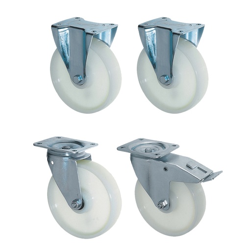 [049698] Juego de 4 ruedas de nylon de Ø180x50 mm, 2 giratorias y 2 fijas (1 con freno) y 450 kg/rueda