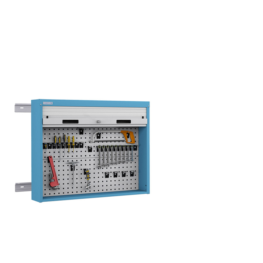 [050094] Armario metálico con persiana y paneles interiores perforados para herramientas - Dim.: 952x210x810h mm - Azul ral 5012 y gris ral 7035