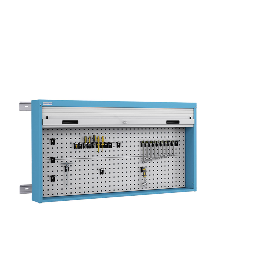 [050100] Armario metálico con persiana y paneles interiores perforados para herramientas - Dim.: 1419x210x810h mm - Azul ral 5012 y gris ral 7035