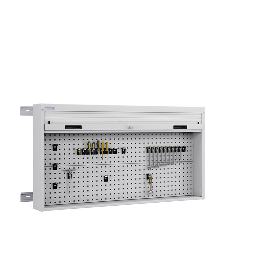 [050101] Armario metálico con persiana y paneles interiores perforados para herramientas - Dim.: 1419x210x810h mm - Gris ral 7035