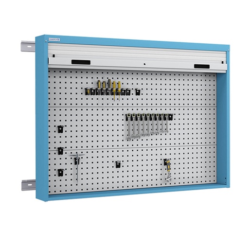 [050104] Armario metálico con persiana y paneles interiores perforados para herramientas - Dim.: 1419x210x1114h mm - Azul ral 5012 y gris ral 7035