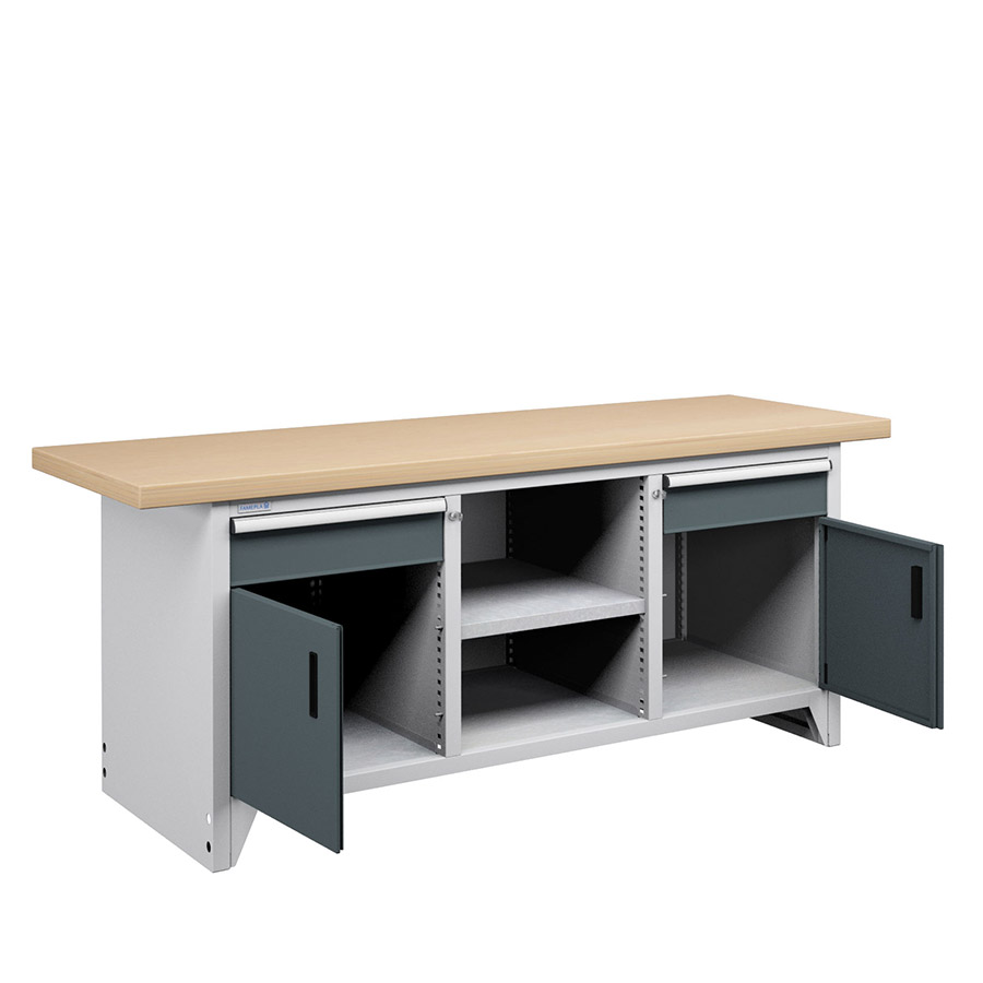 [050114] Banco compacto con encimera de haya, 2 cajones, 2 puertas y 1 estante - Dim.: 2000x750x840h mm - Gris ral 7035 y Gris ral 7016