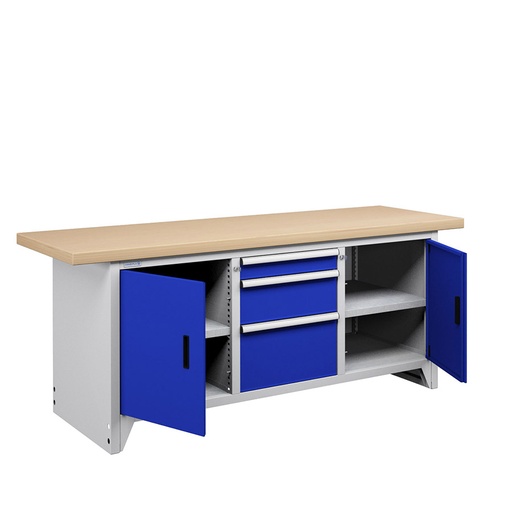 [050118] Banco compacto con encimera de haya, 3 cajones, 2 puertas y 2 estantes - Dim.: 2000x750x840h mm - Gris ral 7035 y Azul ral 5005