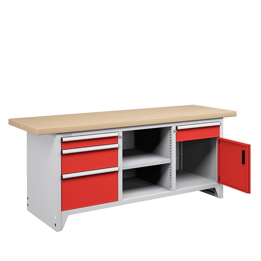 [050122] Banco compacto con encimera de haya, 4 cajones, 1 puerta y 1 estante - Dim.: 2000x750x840h mm - Gris ral 7035 y Rojo ral 3003