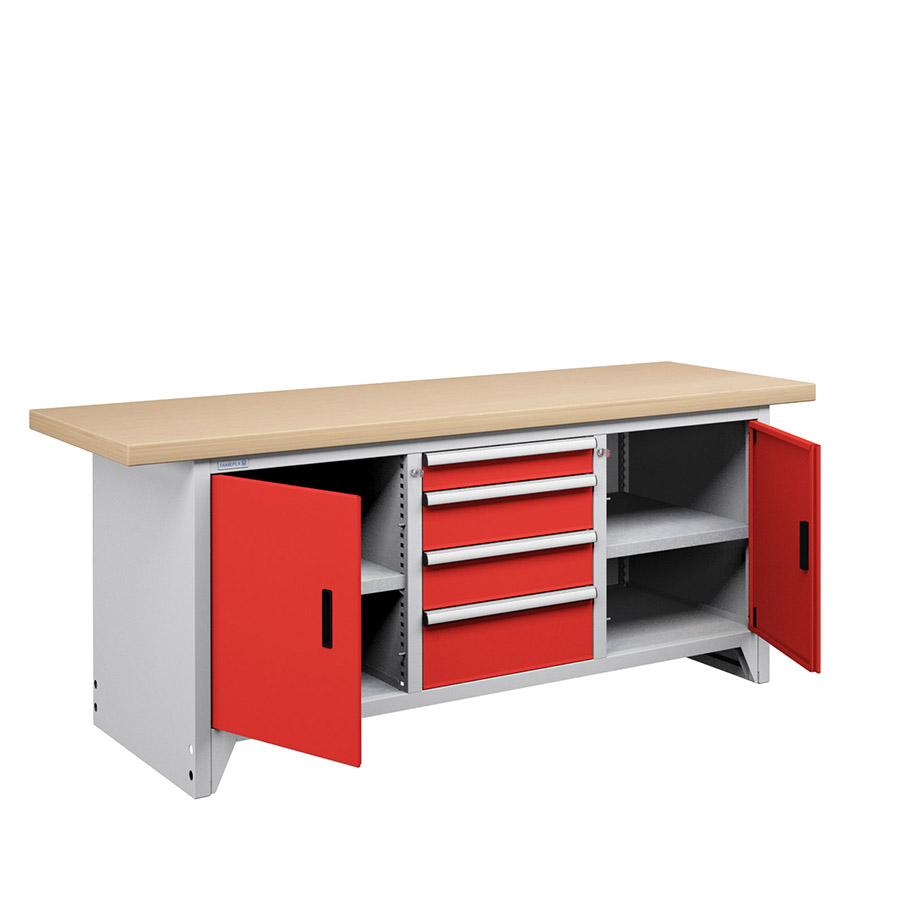 [050125] Banco compacto con encimera de haya, 4 cajones, 2 puertas y 2 estantes - Dim.: 2000x750x840h mm - Gris ral 7035 y Rojo ral 3003