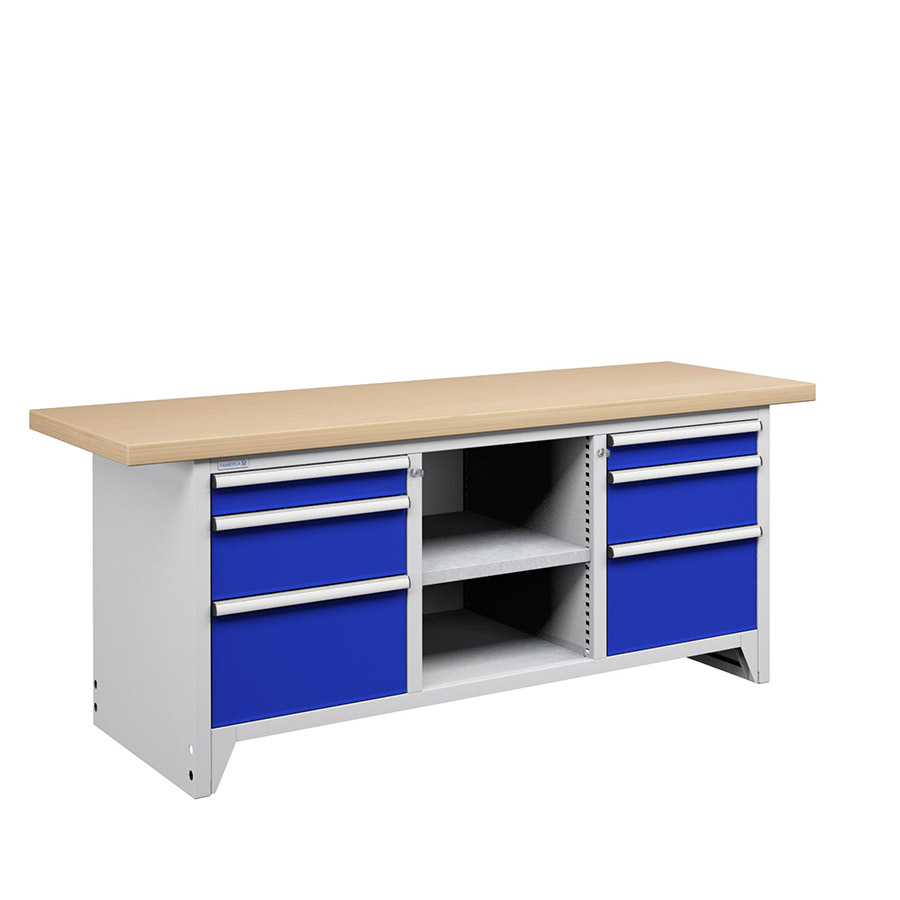 [050130] Banco compacto con encimera de haya, 6 cajones y 1 estante - Dim.: 2000x750x840h mm - Gris ral 7035 y Azul ral 5005