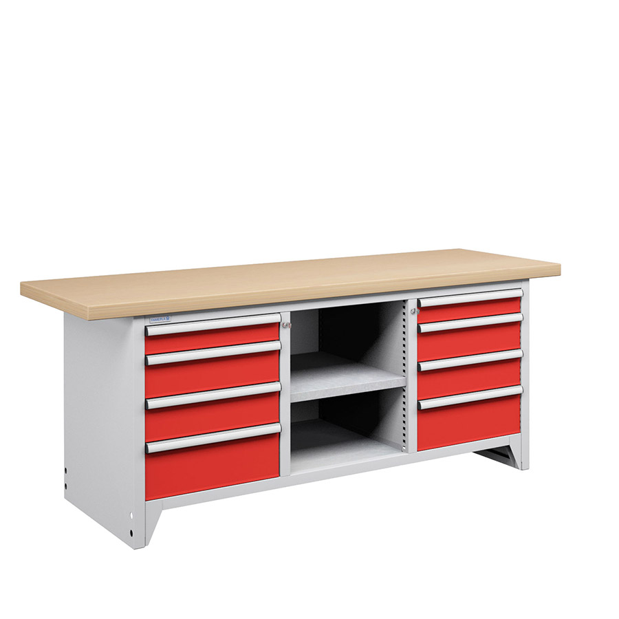 [050134] Banco compacto con encimera de haya, 8 cajones y 1 estante - Dim.: 2000x750x840h mm - Gris ral 7035 y Rojo ral 3003