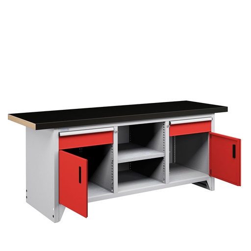 [050139] Banco compacto con encimera de haya, 2 cajones, 2 puertas y 1 estante - Dim.: 2000x750x840h mm - Gris ral 7035 y Rojo ral 3003