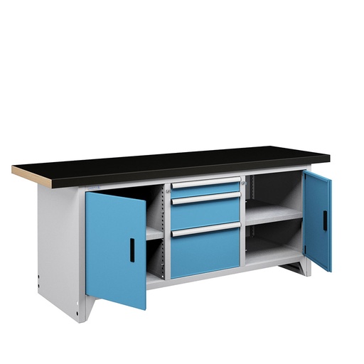 [050140] Banco compacto con encimera de haya, 3 cajones, 2 puertas y 2 estantes - Dim.: 2000x750x840h mm - Gris ral 7035 y Azul ral 5012