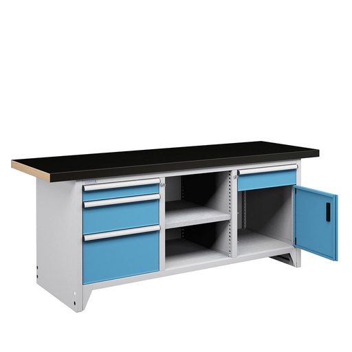 [050145] Banco compacto con encimera de haya, 4 cajones, 1 puerta y 1 estante - Dim.: 2000x750x840h mm - Gris ral 7035 y Azul ral 5012