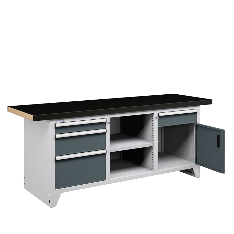 [050147] Banco compacto con encimera de haya, 4 cajones, 1 puerta y 1 estante - Dim.: 2000x750x840h mm - Gris ral 7035 y Gris ral 7016