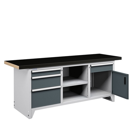 [050147] Banco compacto con encimera de haya, 4 cajones, 1 puerta y 1 estante - Dim.: 2000x750x840h mm - Gris ral 7035 y Gris ral 7016