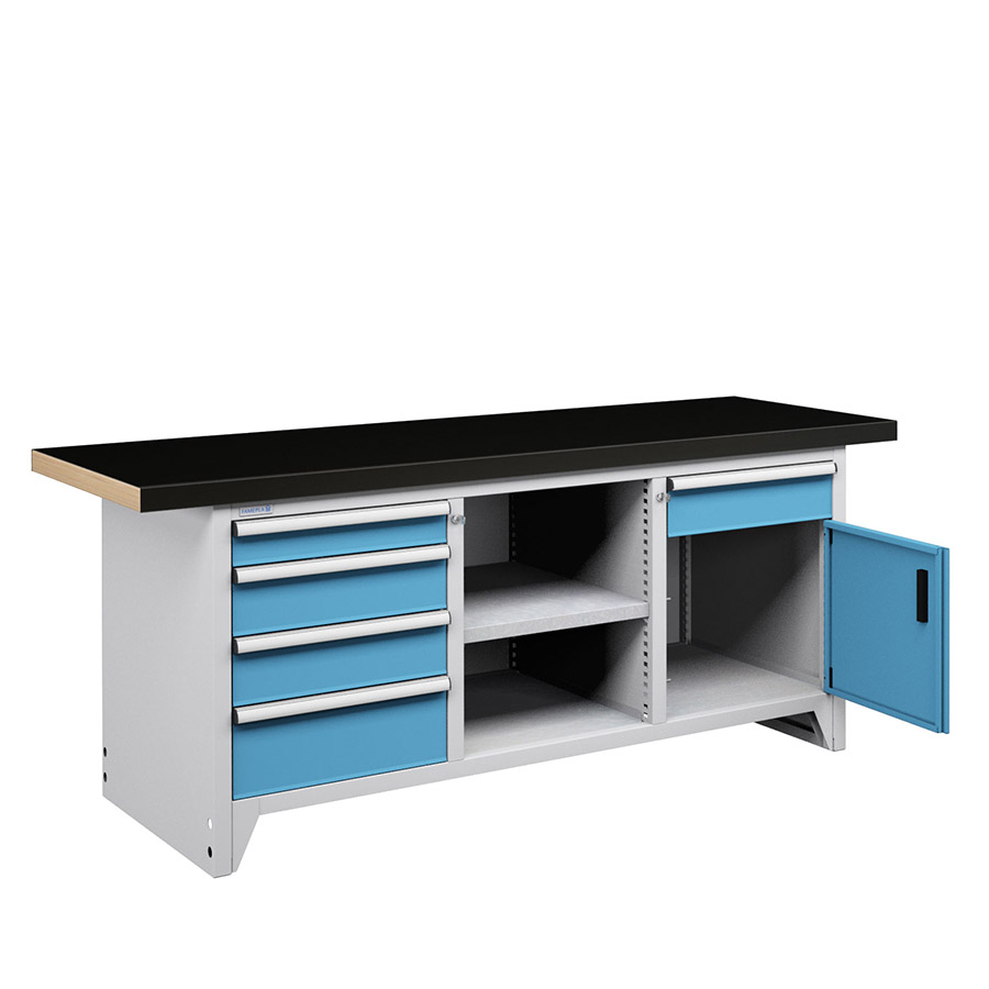 [050155] Banco compacto con encimera de haya, 5 cajones, 1 puertas y 1 estantes - Dim.: 2000x750x840h mm - Gris ral 7035 y Azul ral 5012