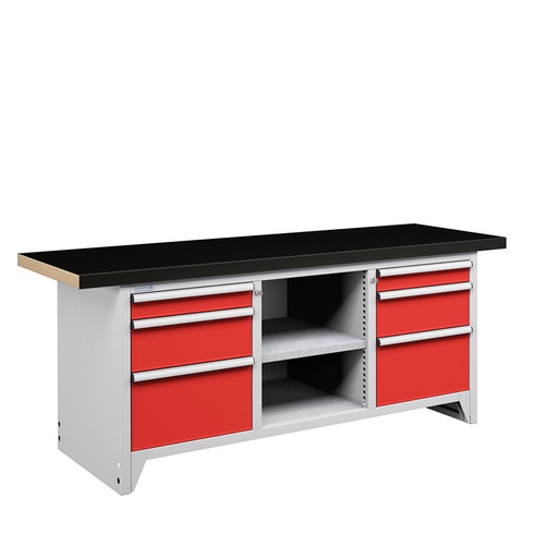 [050164] Banco compacto con encimera de haya, 6 cajones y 1 estante - Dim.: 2000x750x840h mm - Gris ral 7035 y Rojo ral 3003