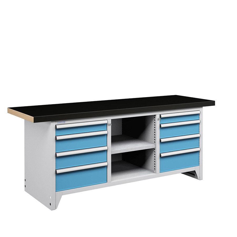 [050165] Banco compacto con encimera de haya, 8 cajones y 1 estante - Dim.: 2000x750x840h mm - Gris ral 7035 y Azul ral 5012