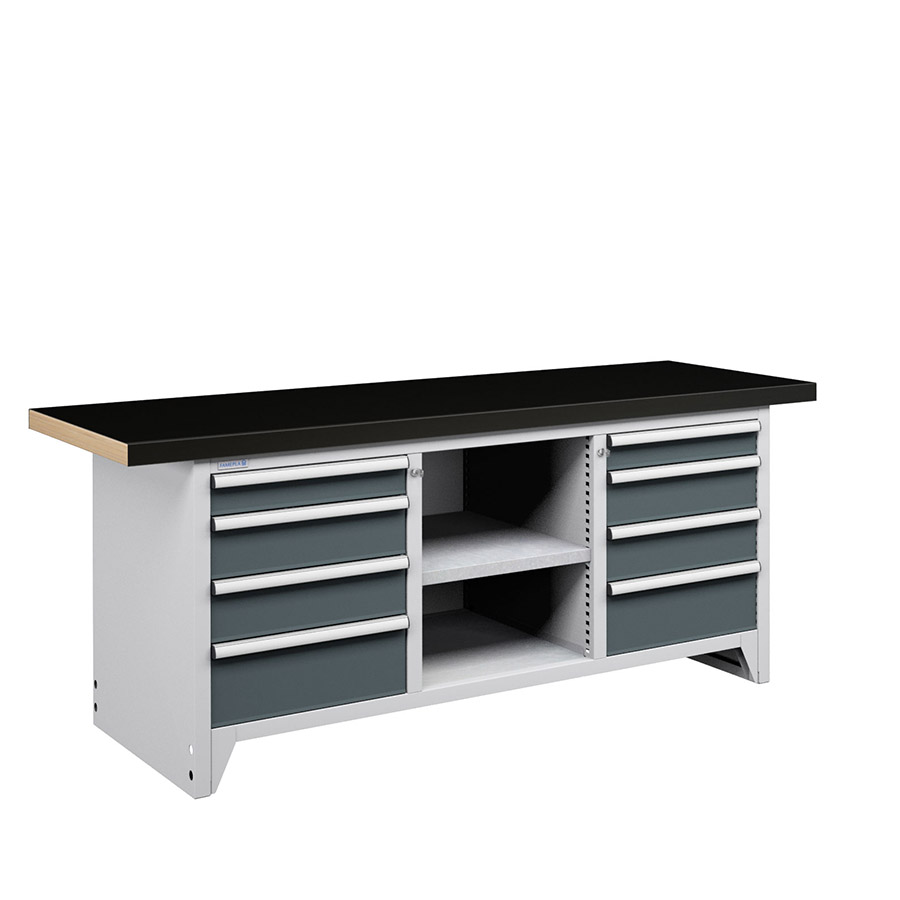 [050167] Banco compacto con encimera de haya, 8 cajones y 1 estante - Dim.: 2000x750x840h mm - Gris ral 7035 y Gris ral 7016