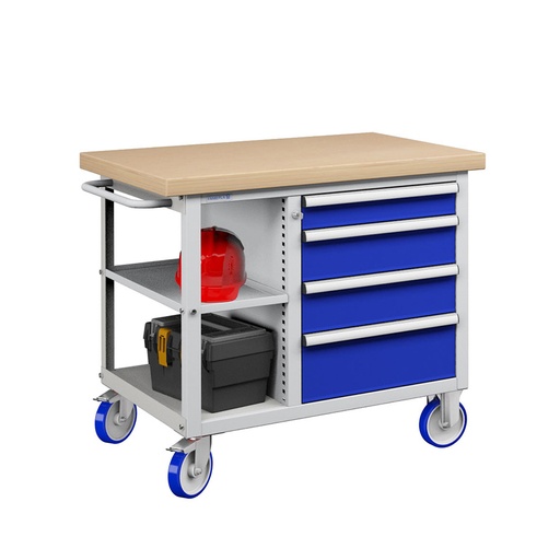 [050174] Banco móvil compacto con encimera de haya, 4 cajones y 1 estante - Dim.: 1065x750x908h mm - Gris ral 7035 y Azul ral 5005