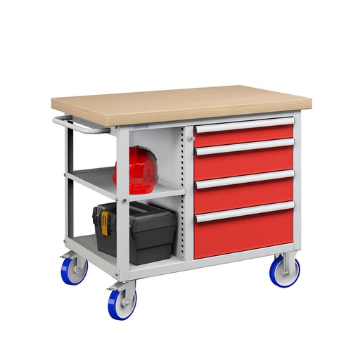 [050175] Banco móvil compacto con encimera de haya, 4 cajones y 1 estante - Dim.: 1065x750x908h mm - Gris ral 7035 y Rojo ral 3003