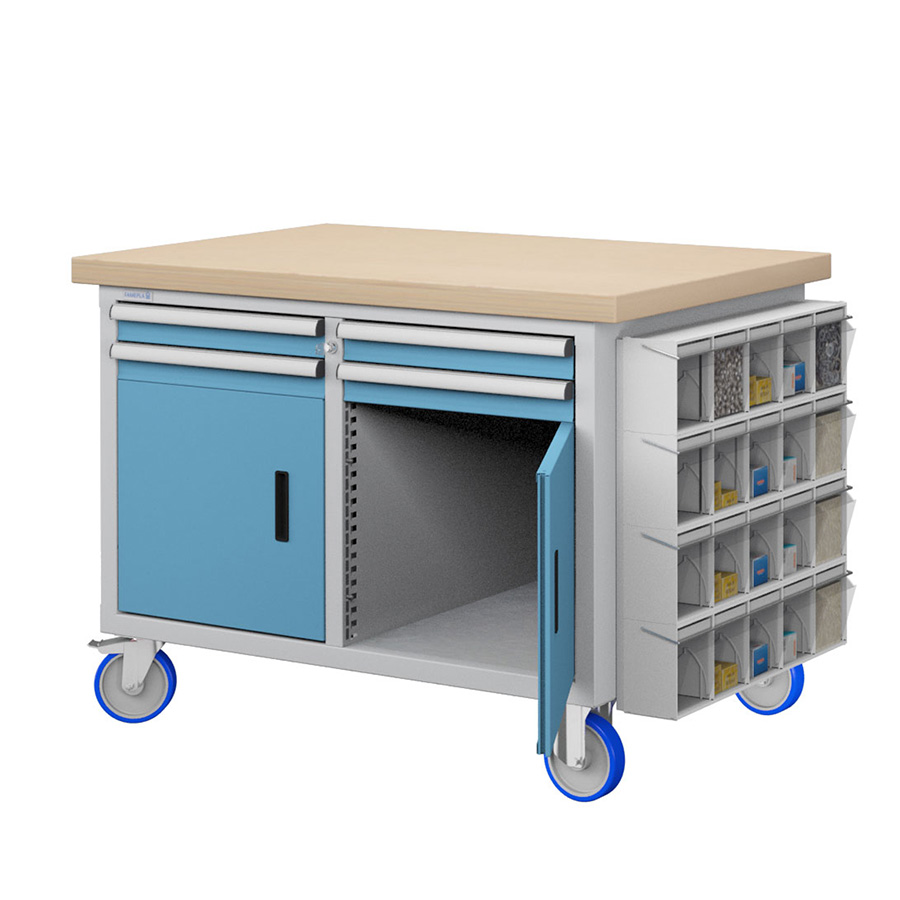 [050183] Banco móvil compacto con encimera de haya, 4 cajones, 2 puertas y practibox - Dim.: 1315x750x908h mm - Gris ral 7035 y Azul ral 5012