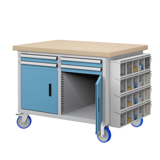[050183] Banco móvil compacto con encimera de haya, 4 cajones, 2 puertas y practibox - Dim.: 1315x750x908h mm - Gris ral 7035 y Azul ral 5012