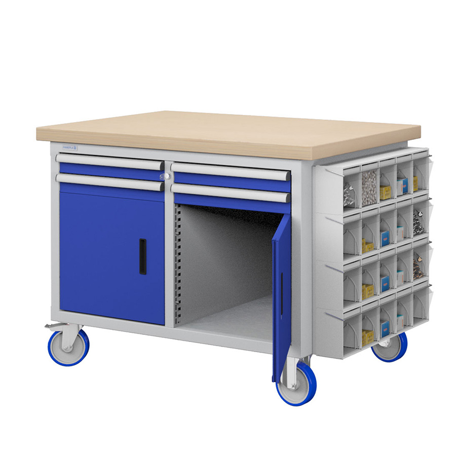 [050186] Banco móvil compacto con encimera de haya, 4 cajones, 2 puertas y practibox - Dim.: 1315x750x908h mm - Gris ral 7035 y Azul ral 5005