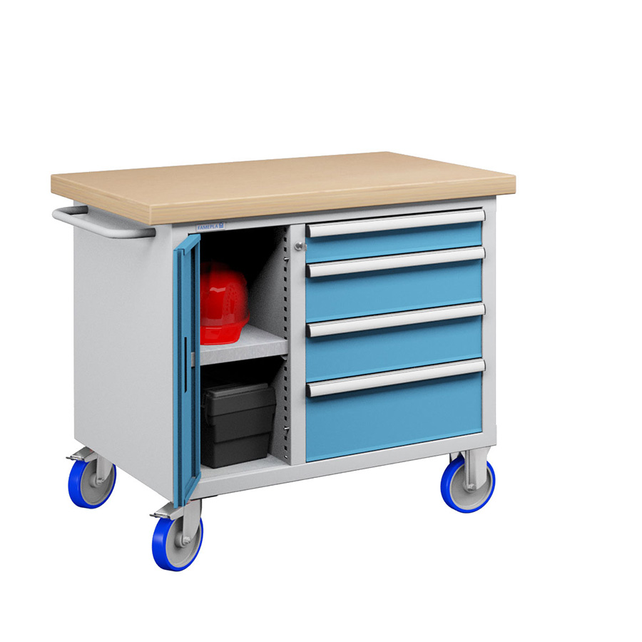 [050188] Banco móvil compacto con encimera de haya, 4 cajones y puerta - Dim.: 1065x750x908h mm - Gris ral 7035 y Azul ral 5012