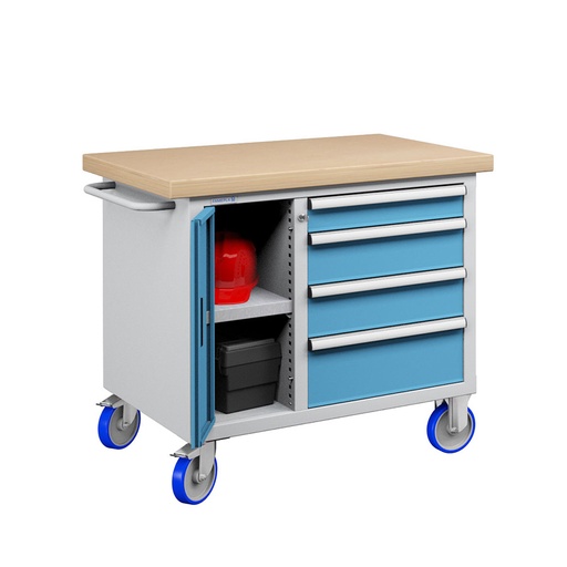 [050188] Banco móvil compacto con encimera de haya, 4 cajones y puerta - Dim.: 1065x750x908h mm - Gris ral 7035 y Azul ral 5012