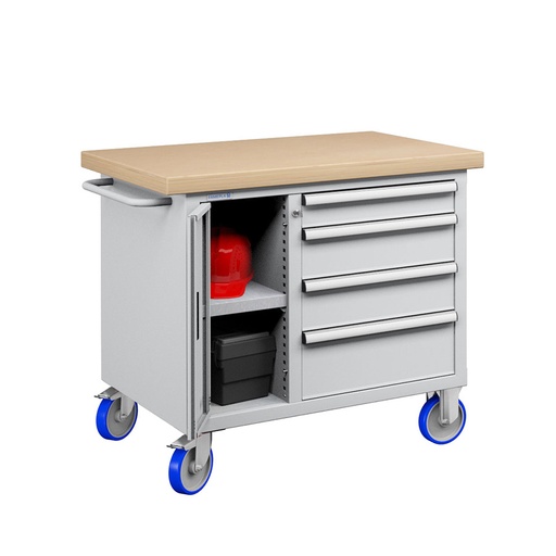 [050189] Banco móvil compacto con encimera de haya, 4 cajones y puerta - Dim.: 1065x750x908h mm - Gris ral 7035