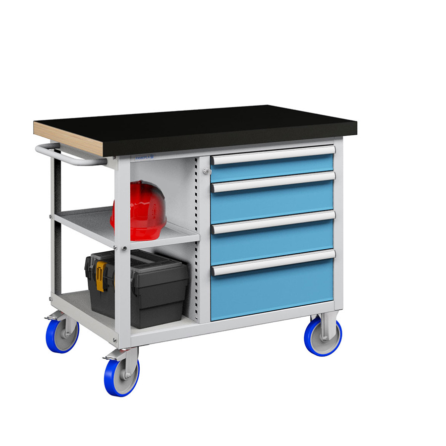 [050193] Banco móvil compacto con encimera de haya, 4 cajones y 1 estante - Dim.: 1065x750x908h mm - Gris ral 7035 y Azul ral 5012