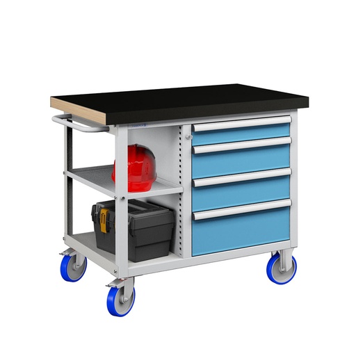 [050193] Banco móvil compacto con encimera de haya, 4 cajones y 1 estante - Dim.: 1065x750x908h mm - Gris ral 7035 y Azul ral 5012