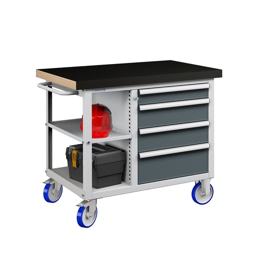 [050195] Banco móvil compacto con encimera de haya, 4 cajones y 1 estante - Dim.: 1065x750x908h mm - Gris ral 7035 y Gris ral 7016