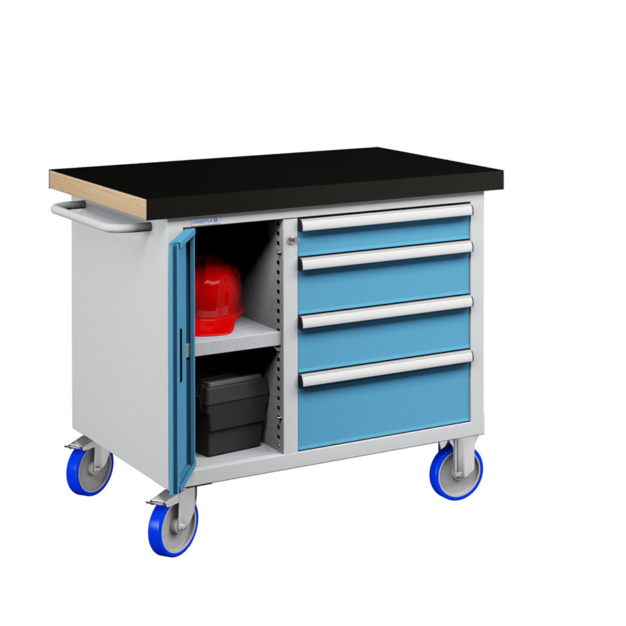 [050198] Banco móvil compacto con encimera de haya, 4 cajones y puerta - Dim.: 1065x750x908h mm - Gris ral 7035 y Azul ral 5012