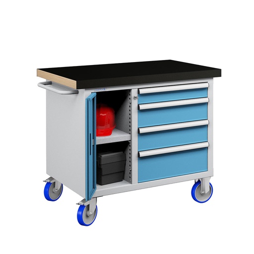 [050198] Banco móvil compacto con encimera de haya, 4 cajones y puerta - Dim.: 1065x750x908h mm - Gris ral 7035 y Azul ral 5012