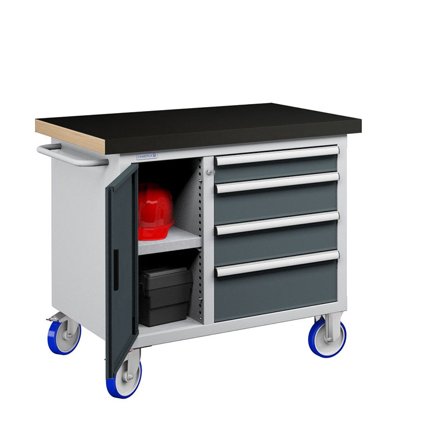 [050200] Banco móvil compacto con encimera de haya, 4 cajones y puerta - Dim.: 1065x750x908h mm - Gris ral 7035 y Gris ral 7016